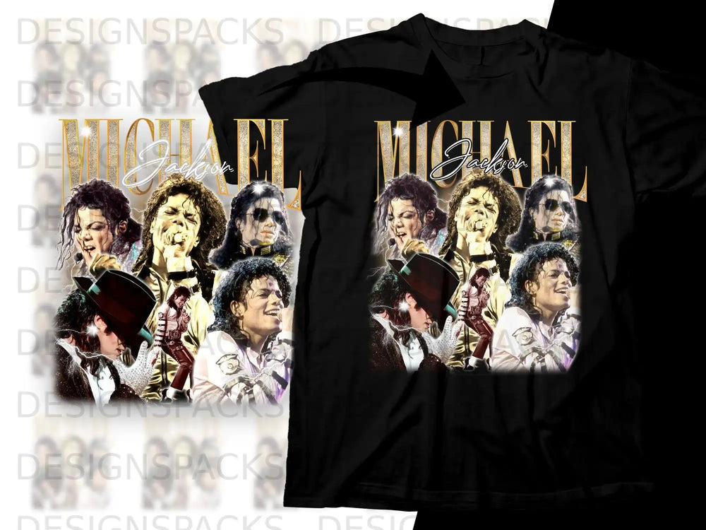 Michael Jackson collage graphic on black t-shirt.