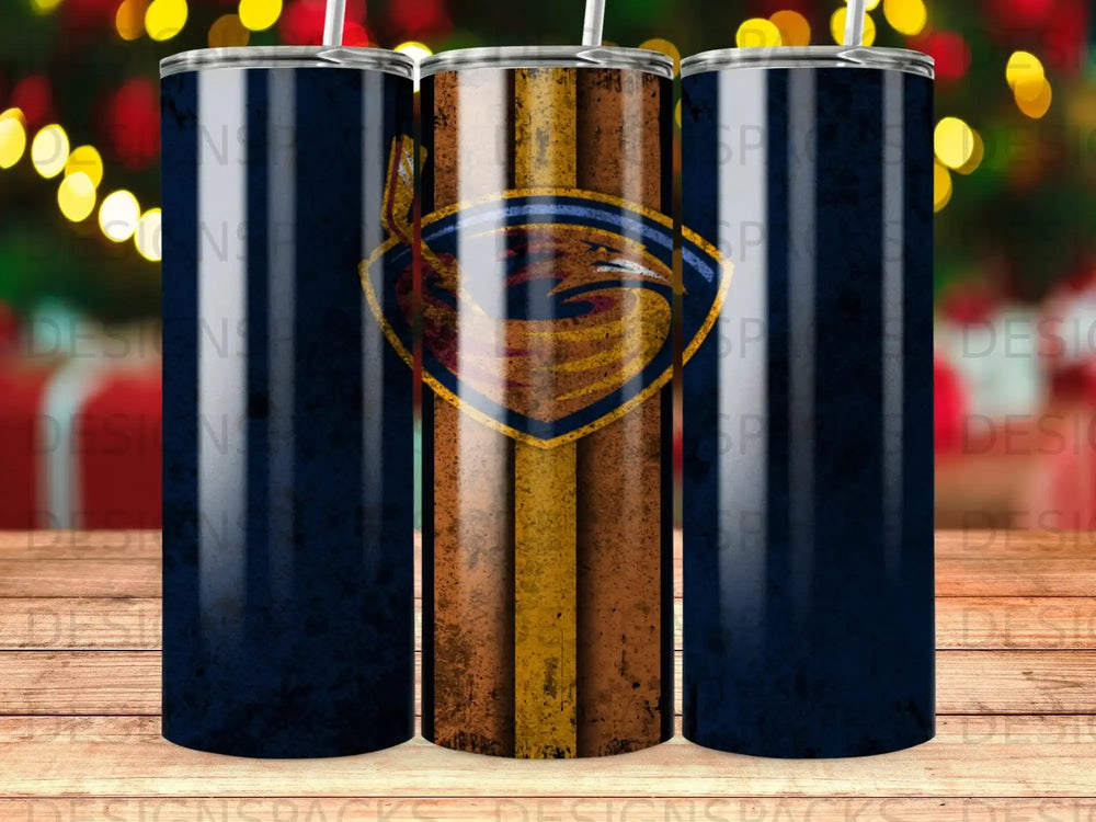 Tall tumbler with a dark blue background and a basketball team logo.