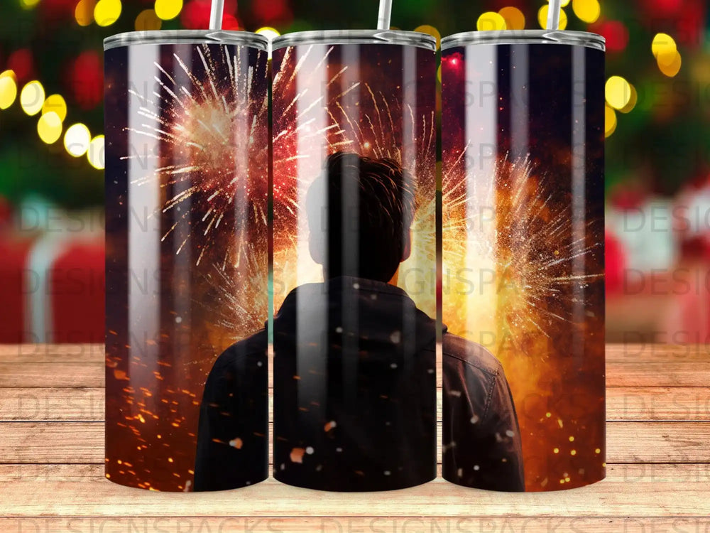 Person in leather jacket watches fireworks display.