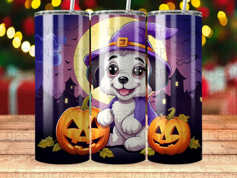 Cartoon dog in witch hat with pumpkins and moon.