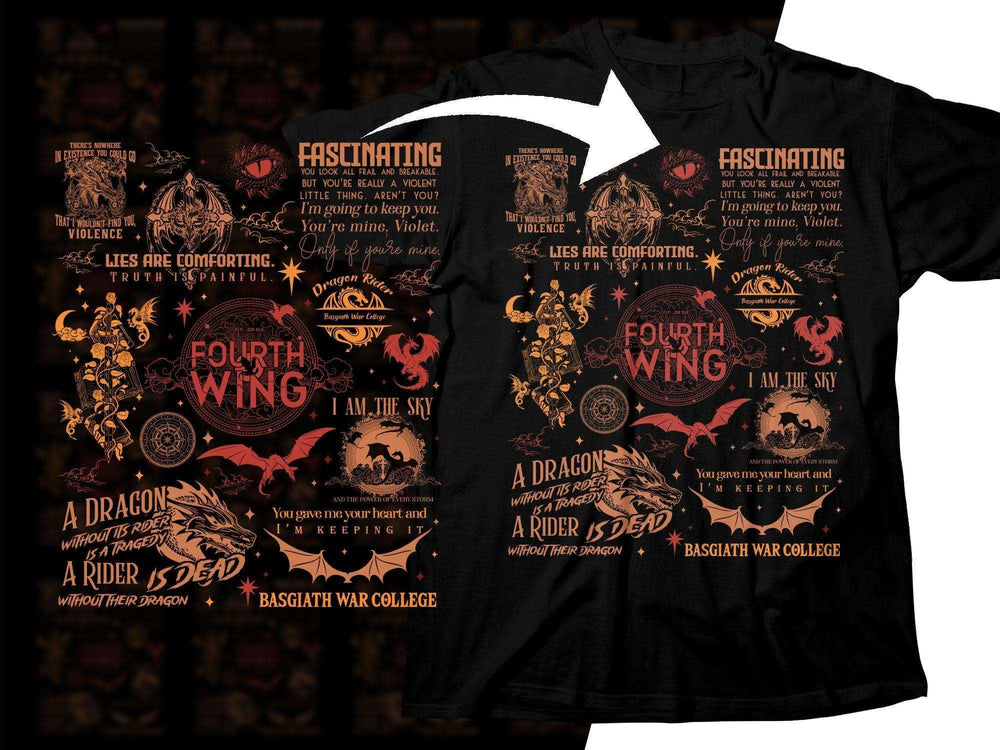 Dragon-themed black t-shirt with 'Fourth Wing' and 'Basgiath War College' designs, featuring quotes and mythical art.