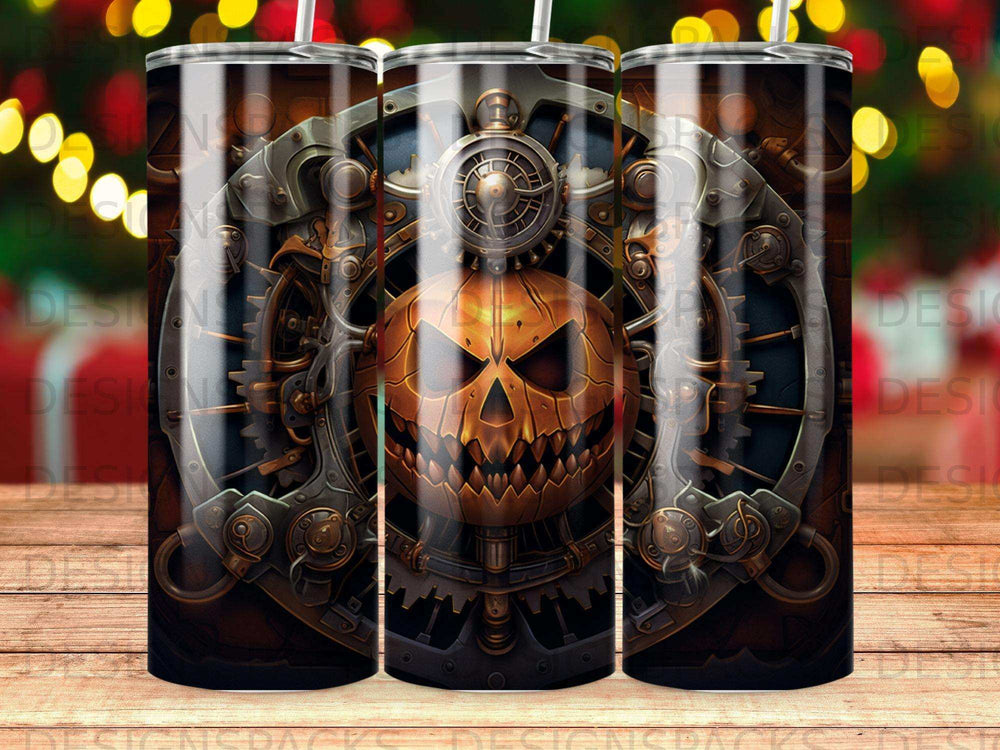 Steampunk jack-o'-lantern with gears and clockwork details.