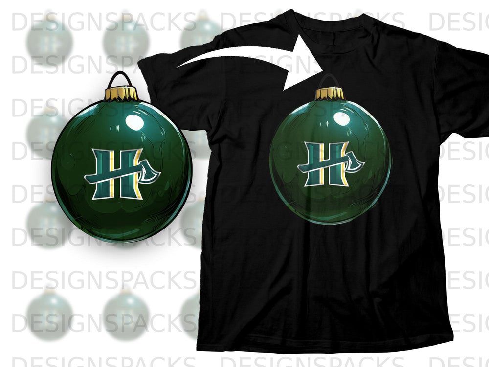 Green Christmas ornament graphic with "H" and axe logo on a black t-shirt.