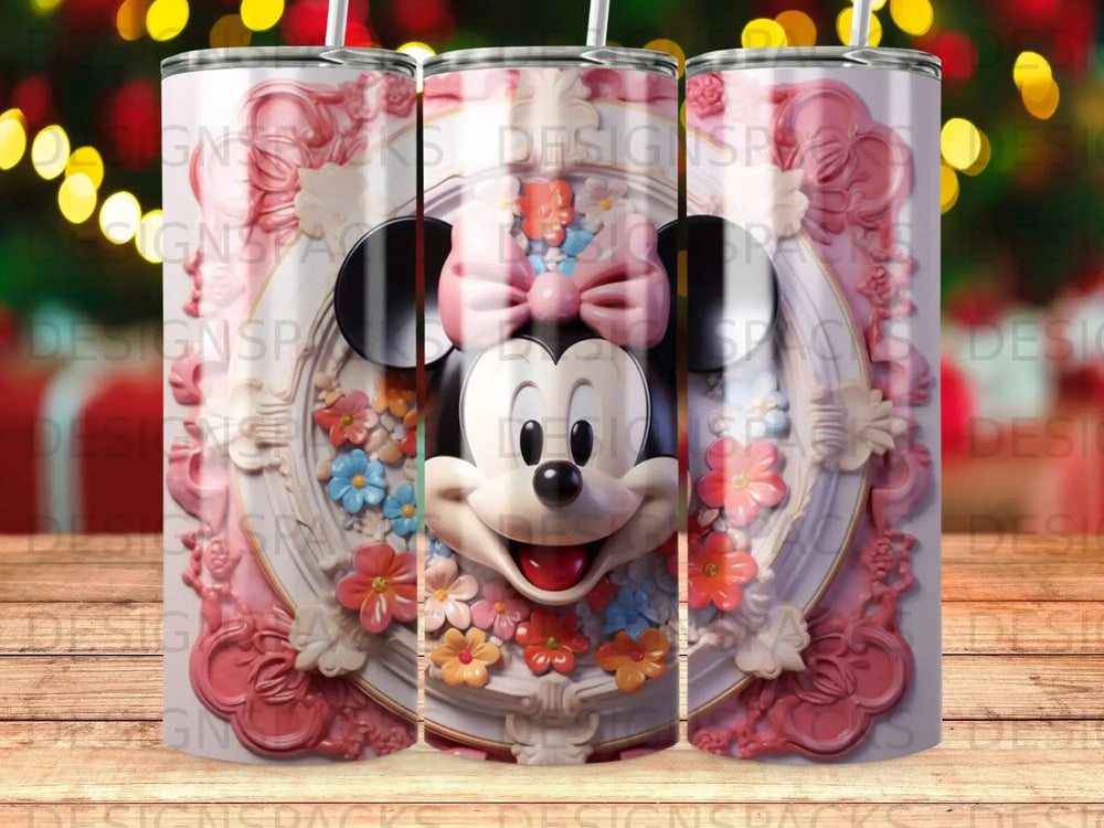 Minnie Mouse in ornate floral frame with pink bow.