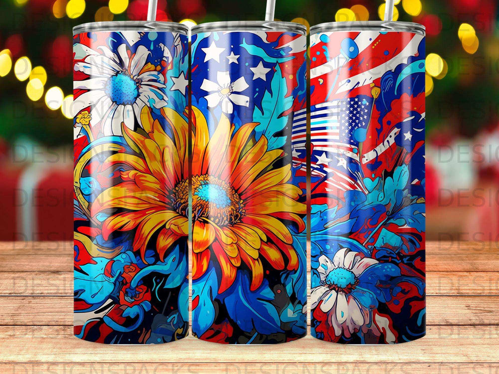 Red, white, and blue floral design with American flag elements.