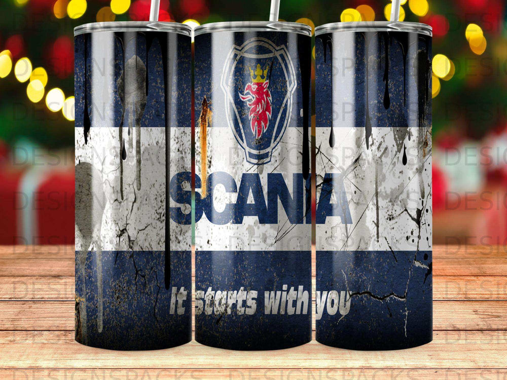 Scania logo and slogan "It starts with you" on distressed grunge background.