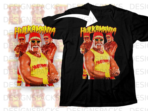Hulk Hogan in Hulkamania t-shirt, flexing with arms raised.