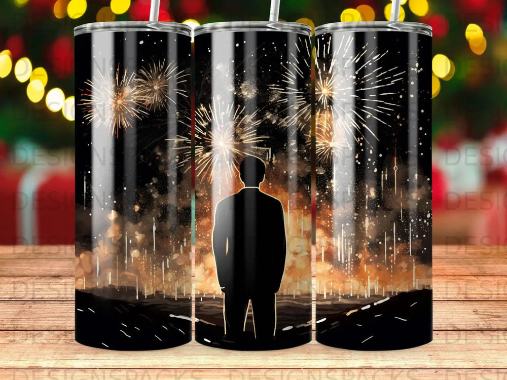 Man in suit silhouetted against celebratory fireworks display.