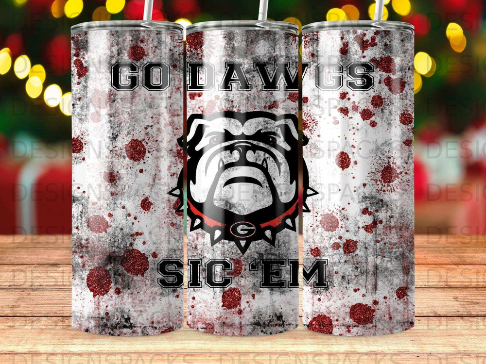Bulldog logo with "Go Dawgs Sic 'Em" text on speckled background.