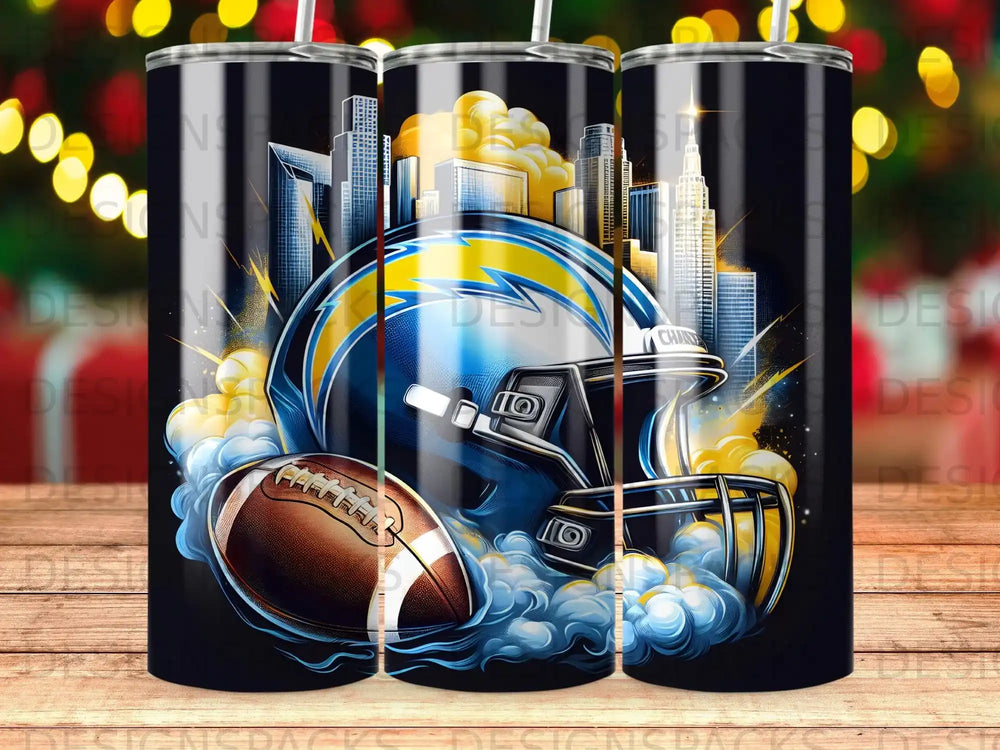 Chargers helmet and football with city skyline in clouds.