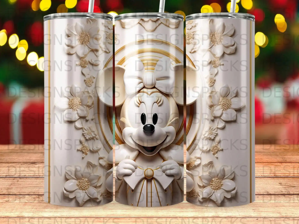 Minnie Mouse character with floral details on a white tumbler.