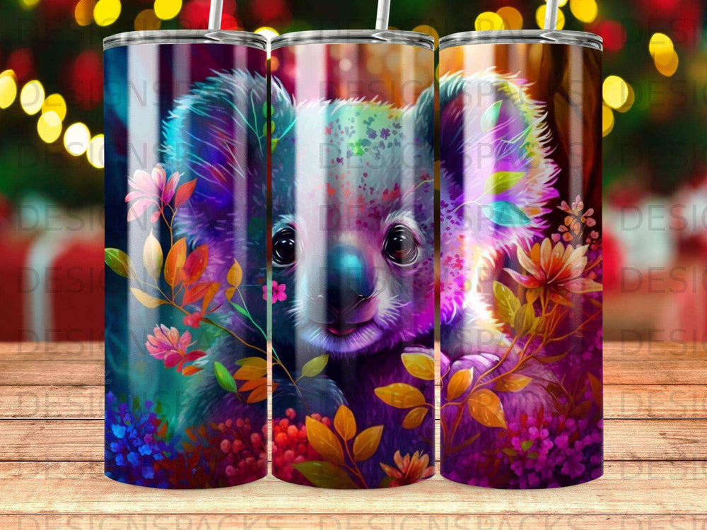 Koala with colorful flowers and leaves, vibrant watercolor style.