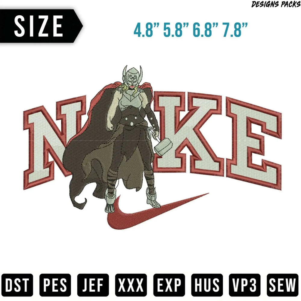 Thor character in Nike logo embroidery design with size information.