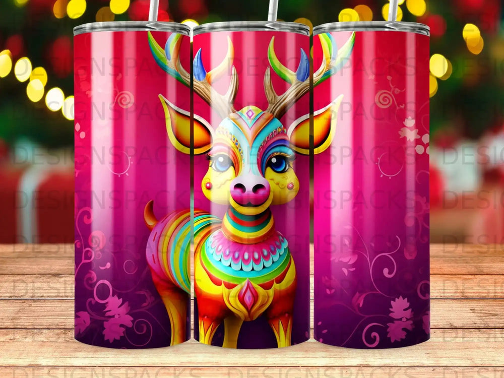 Colorful rainbow reindeer adorned with floral patterns on a patterned background.