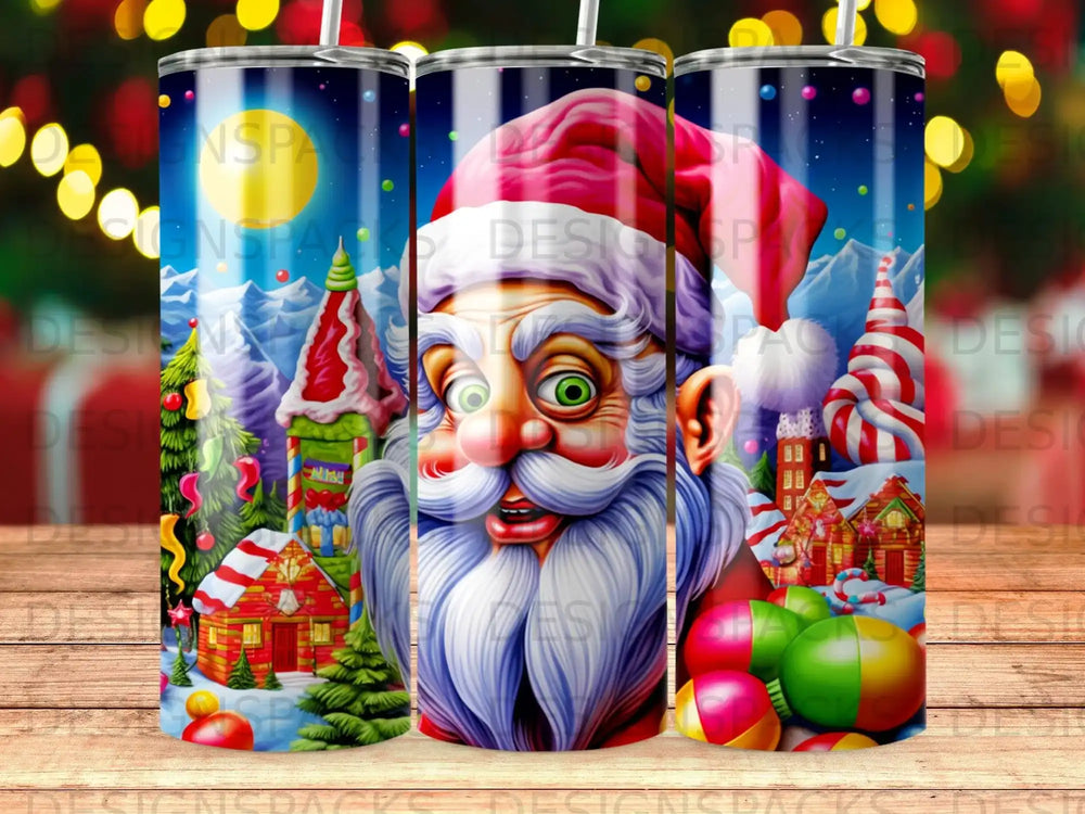 Santa Claus with festive buildings and colorful ornaments.