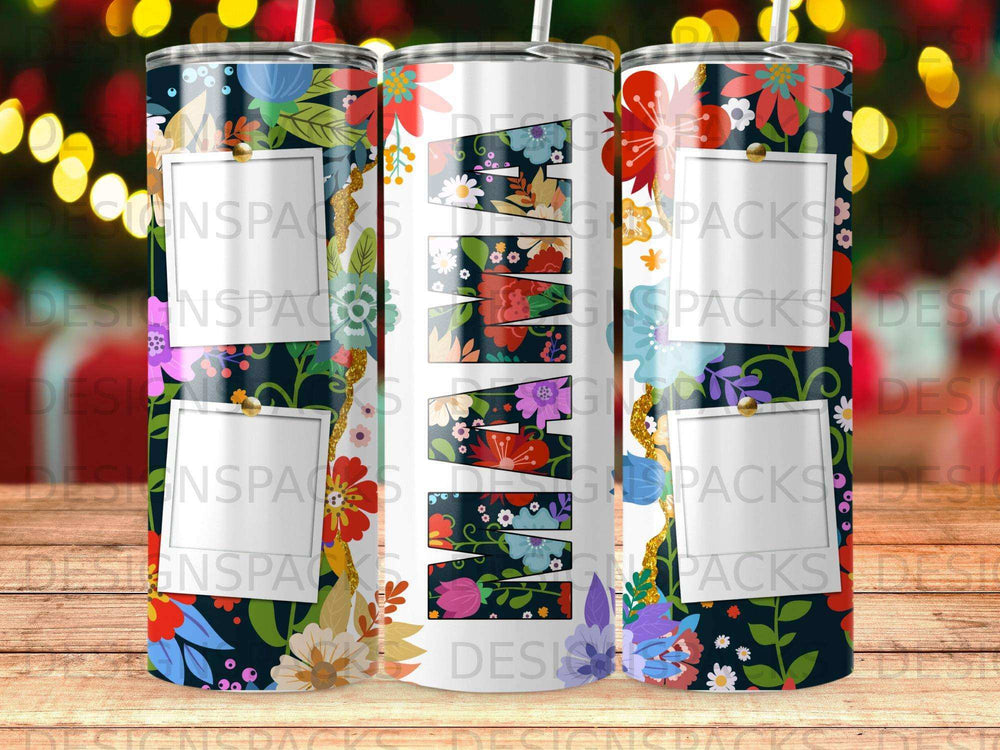 Floral tumbler with "Mama" text and photo frames.
