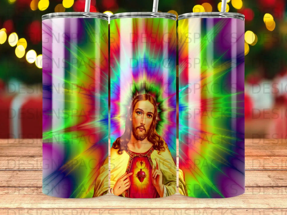 Jesus with Sacred Heart design on a tumbler with colorful bokeh background.