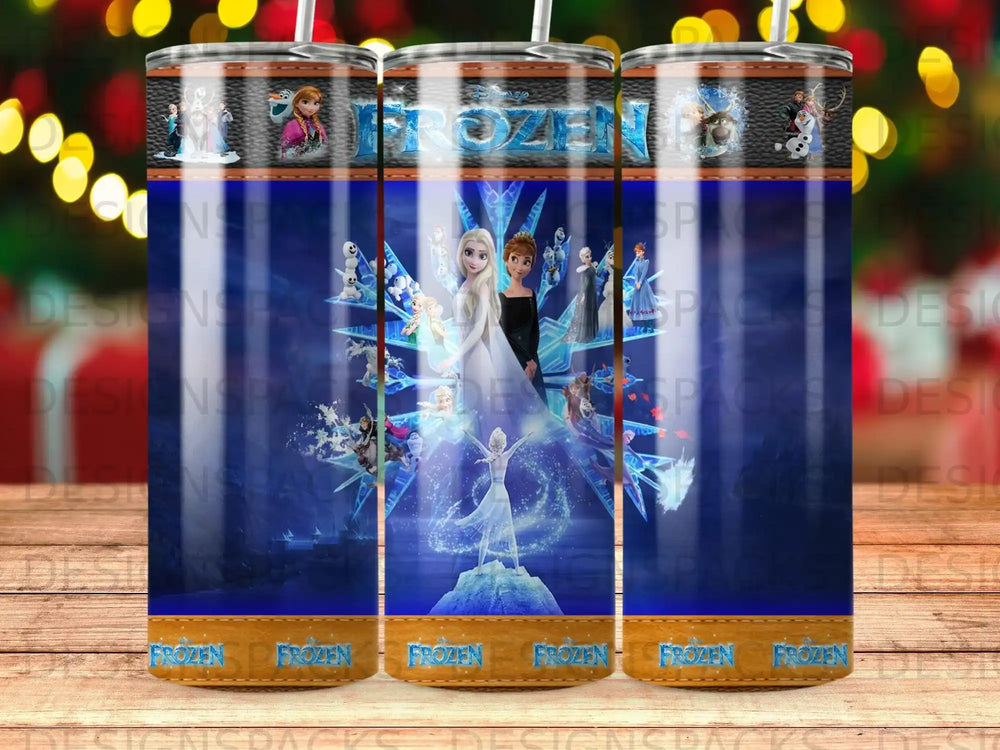 Frozen characters Olaf, Anna, and Elsa with snowflakes on a tumbler.