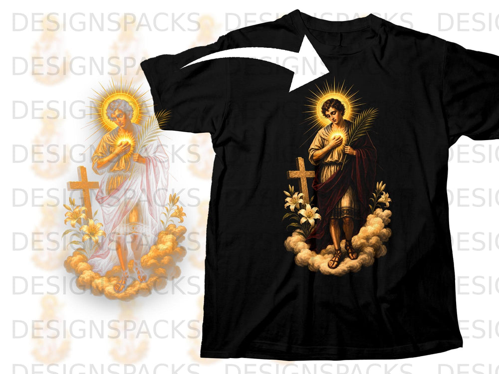Saint with halo holding palm branch and lily on clouds before a cross.