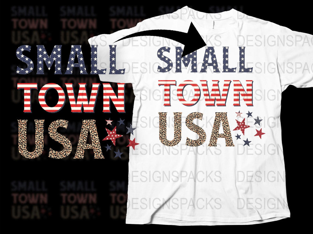 Small Town USA T-Shirt, Patriotic American Flag Design, Leopard Print, Star Accents, Unisex Fashion Top