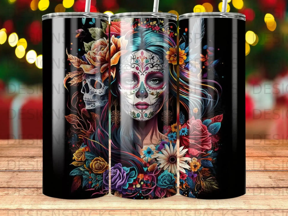 Sugar skull woman surrounded by colorful flowers and a skull.