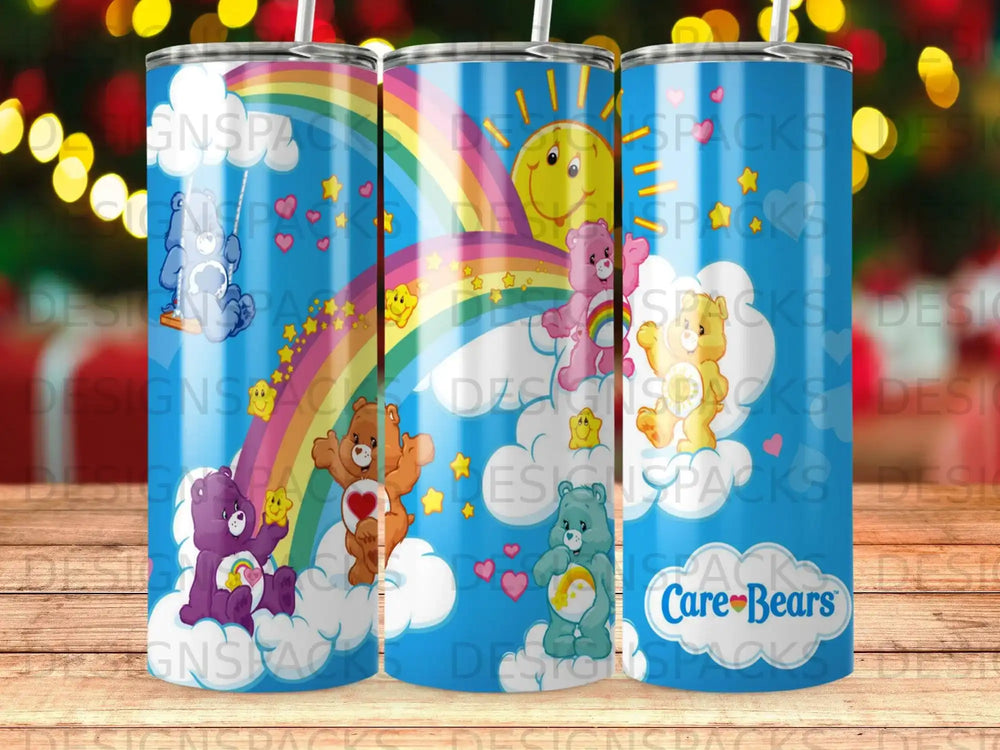 Care Bears characters with rainbow and clouds, holding hearts.