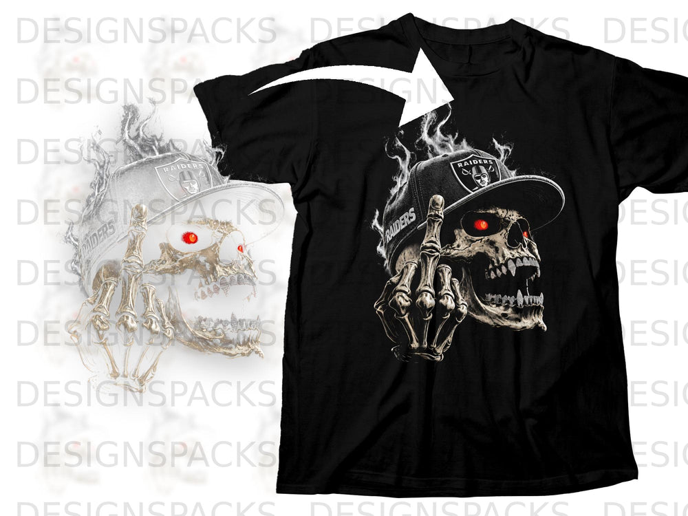 Black t-shirt with a skeletal skull wearing a Raiders hat and giving the middle finger.