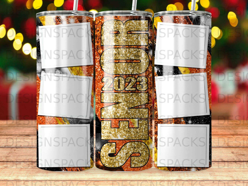 Glitter tumbler with "Cheers 2023" text and festive background.