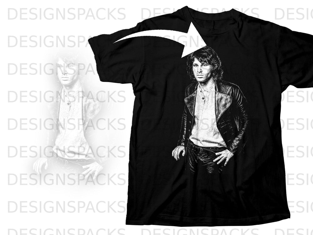 Black t-shirt with a black and white graphic of Jim Morrison.