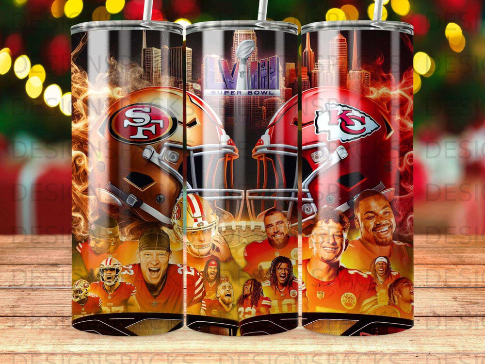 Super Bowl LIV Kansas City Chiefs players and helmets with stadium background.