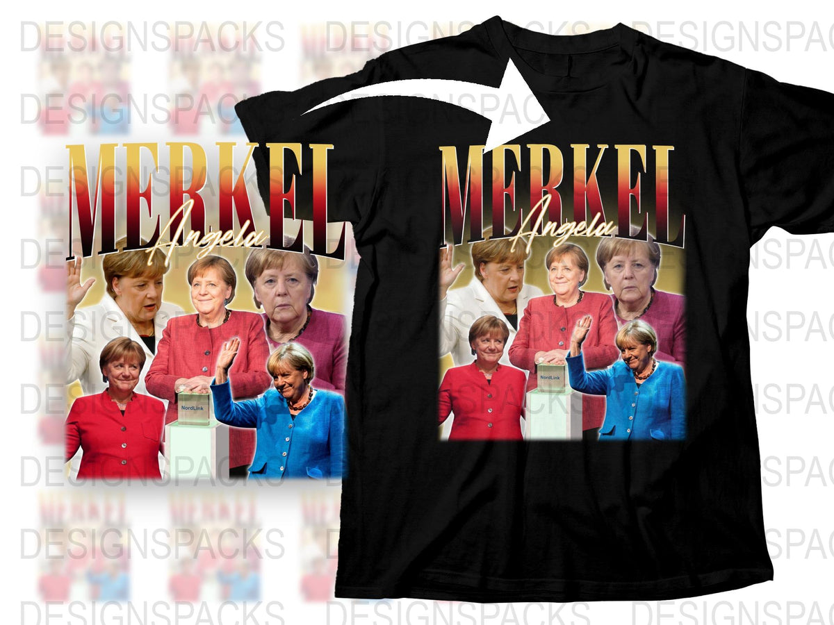 Angela Merkel Tribute T-Shirt, Collage of German Chancellor, Political Leader Tee, Unisex Black Cotton Shirt