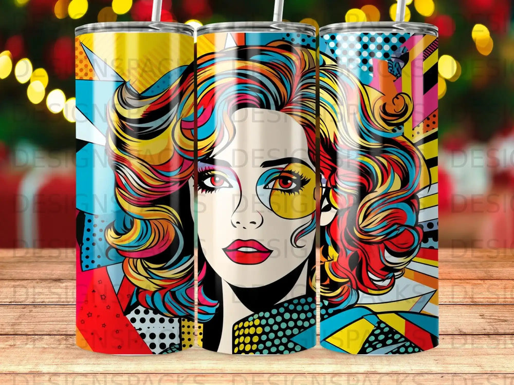 Pop art portrait of a woman with colorful curly hair and bold red lips.