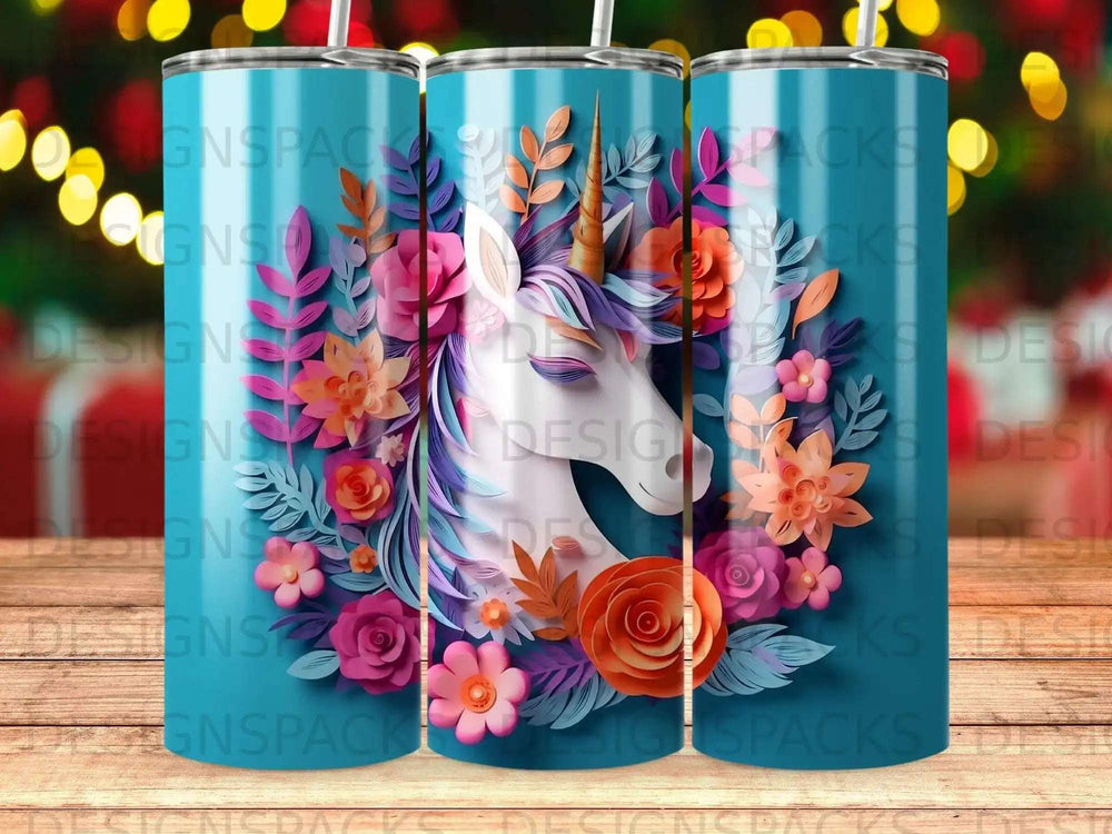 Turquoise tumbler with a colorful unicorn and floral design.