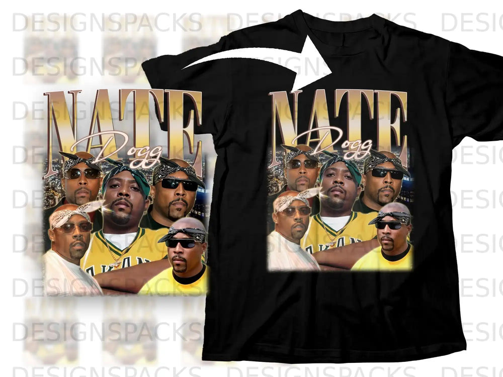 Black t-shirt with "NATE DOGG" graphic featuring artist's portrait.