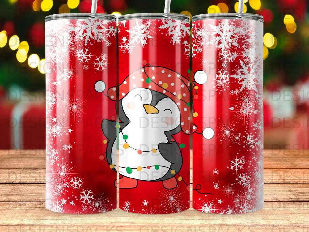 Penguin in Santa hat and garland on red background with snowflakes.