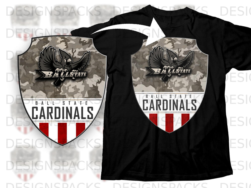 Black t-shirt with Ball State Cardinals logo featuring a cardinal and camouflage.
