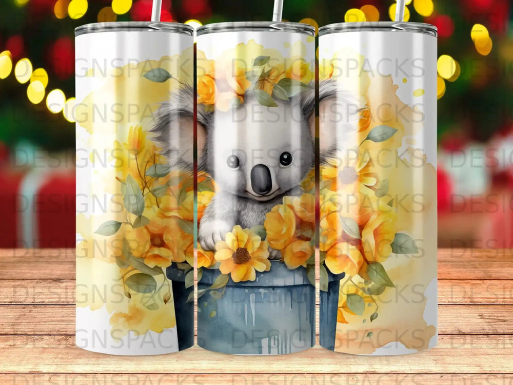 Koala in a bucket of sunflowers, digital art.
