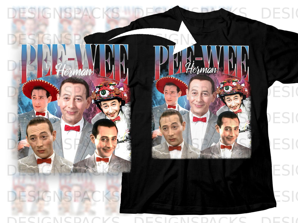 Pee-wee Herman collage with multiple iconic poses and "Pee-wee Herman" text.
