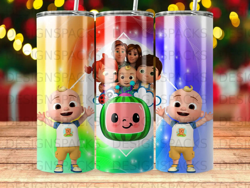 Cartoon characters JJ and Cody from CoComelon on a colorful tumbler.