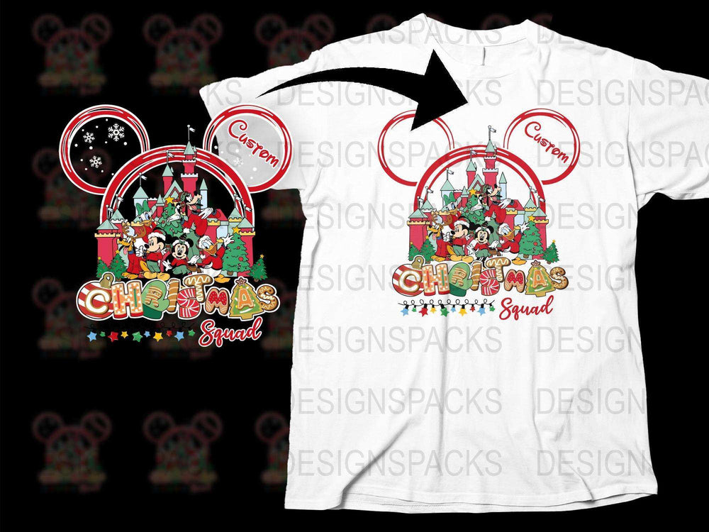 Christmas Squad T-Shirt, Festive Family Holiday Tee, Cartoon Elves and Santa Design, Unisex Xmas Apparel