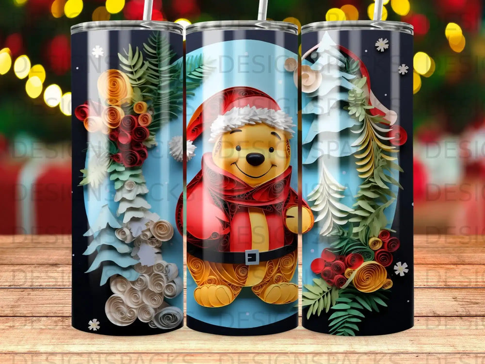 Winnie the Pooh in a Santa hat surrounded by festive papercraft trees and berries.