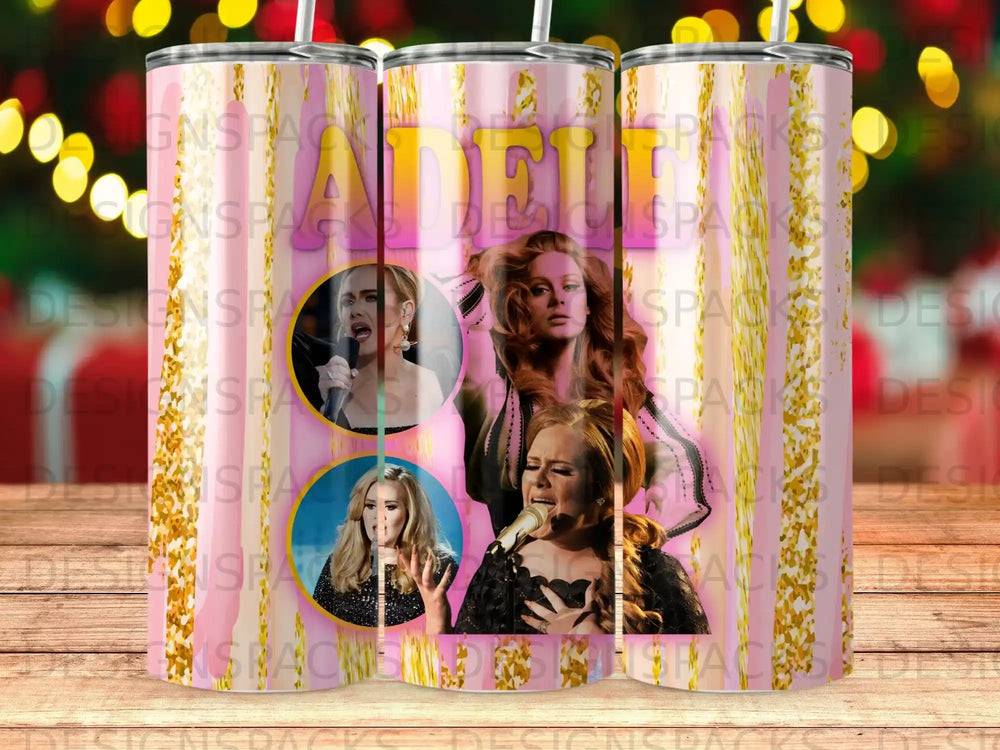 Adele performing on stage, surrounded by pink and gold glitter.
