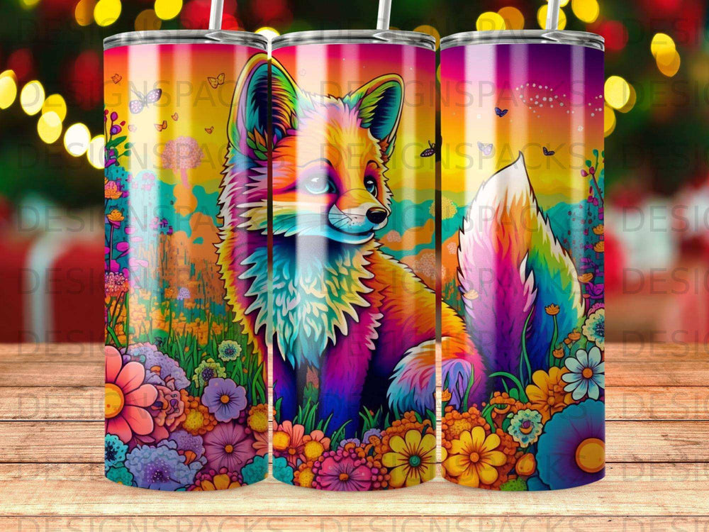 Vibrant fox surrounded by colorful flowers and whimsical scenery.