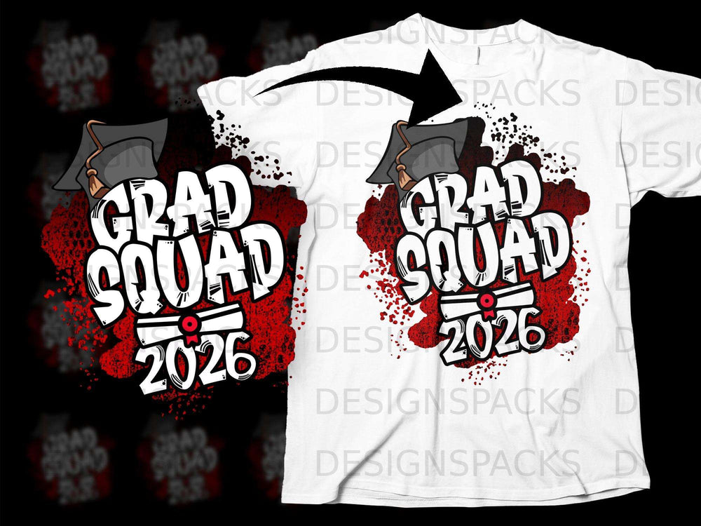 White t-shirt with "GRAD SQUAD 2026" and a graduation cap design.