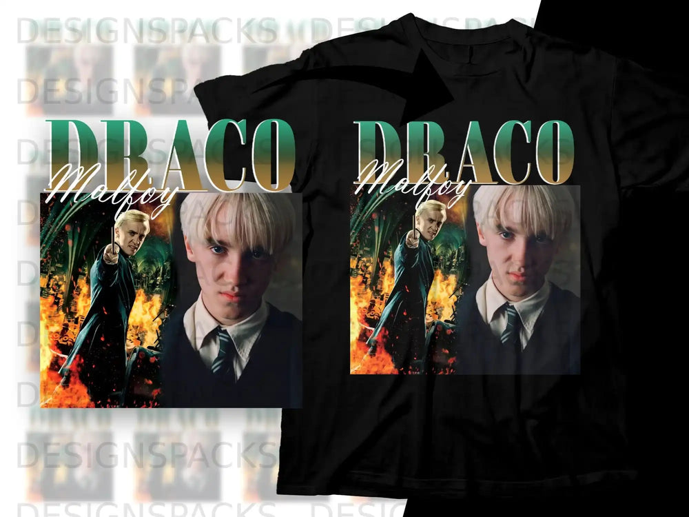 Draco Malfoy graphic t-shirt design with fiery background.