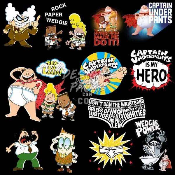 Captain Underpants and friends cartoon designs for t-shirts, DTF, DTG, embroidery, and SVG print-ready bundles