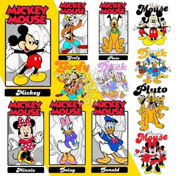 Mickey Mouse, Minnie, Donald, Daisy, Goofy, and Pluto print-ready designs for DTF, DTG, embroidery