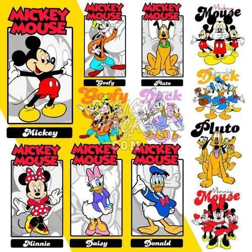 Mickey Mouse, Minnie, Donald, Daisy, Goofy, and Pluto print-ready designs for DTF, DTG, embroidery