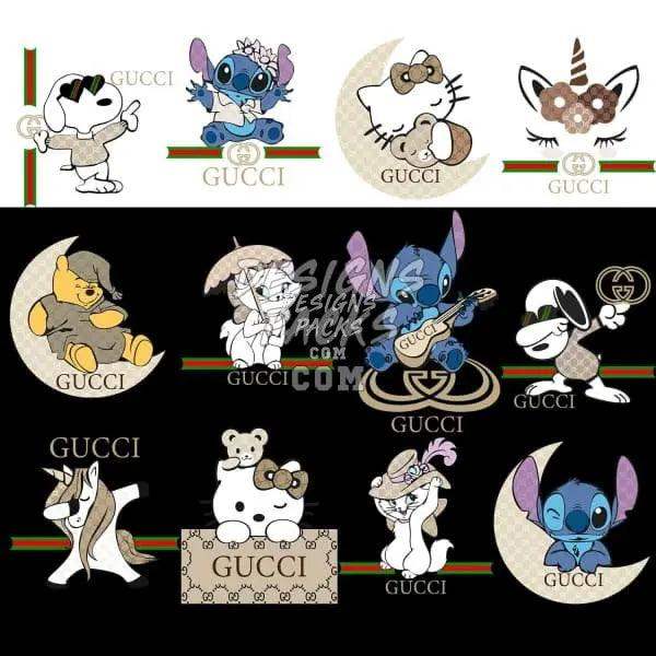 Gucci-style cartoon character designs for DTF, DTG, embroidery, and tumbler wraps — print-ready PNG, SVG, PES