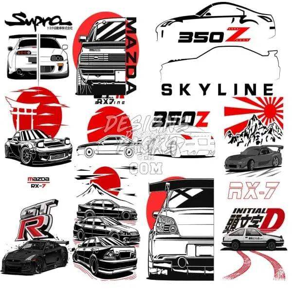 Japanese car designs bundle featuring Supra, Skyline, RX-7, and Initial D themes for DTF/DTG printing